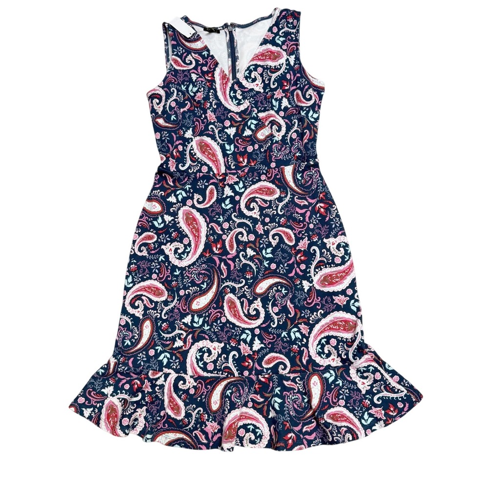 Talbots Flounce Hem Fit & Flare Dress Watercolor Paisley Blue Pink PS Cotton NWT